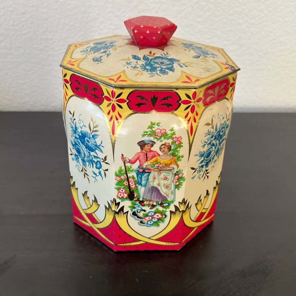 Vintage Murray Allen Octagonal Metal Tin // Regal Crown Lidded Canister